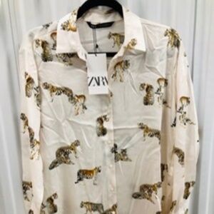ZARA Button Down Silky Shirt Top, M, NWT